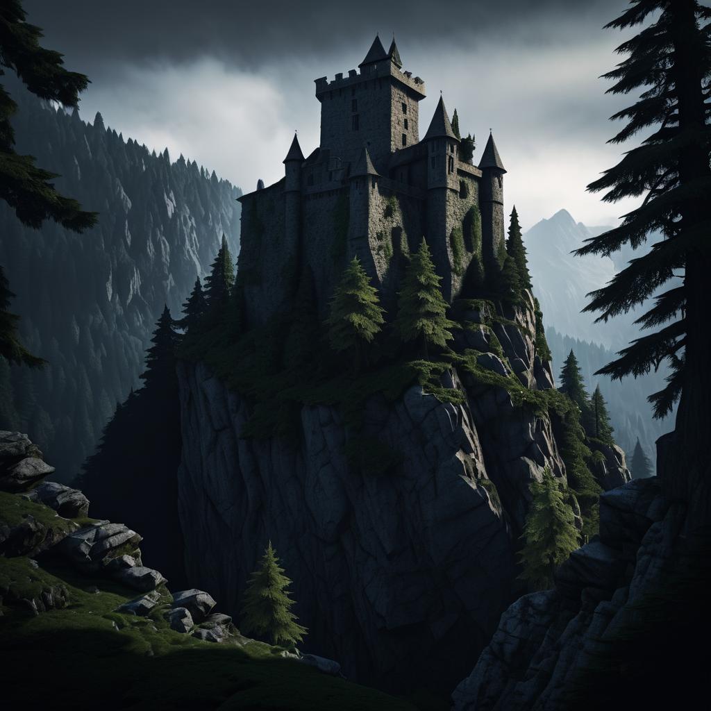 Eerie Medieval Keep Overlooking Dark Forest