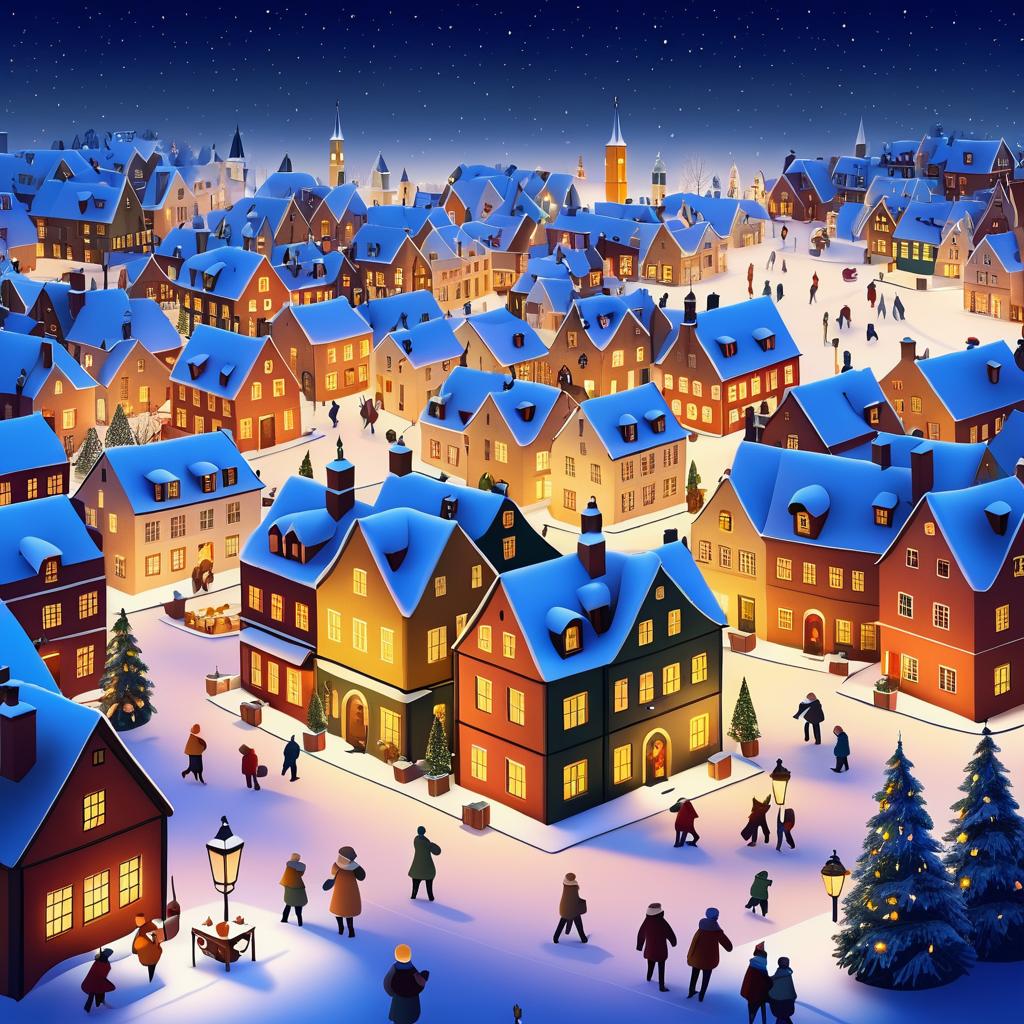 Charming Winter Village Square Illustration