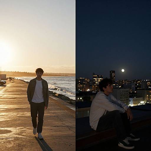 Split photograph: Left side, sunset on beach with silhouetted man in white shirt and black pants, golden light. Right side, nighttime city