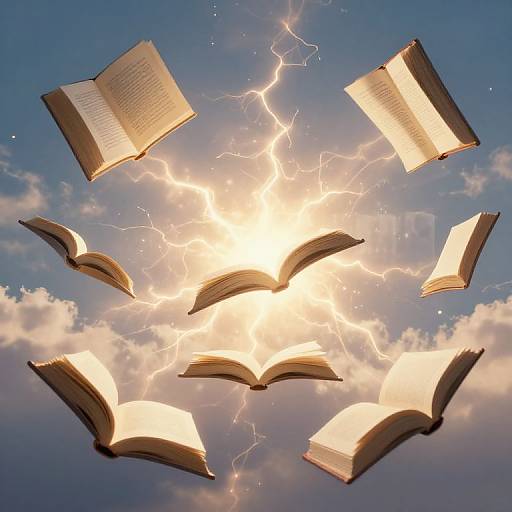 Photograph of six open books with glowing pages surrounded by radiant lightning bolts against a bright, cloudy blue sky.