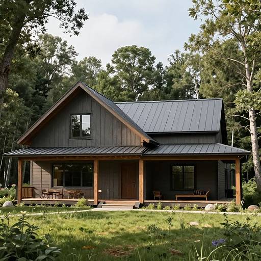 Photograph of a modern, dark gray, two-story cabin with a black metal roof, wooden porch, and surrounded by lush green trees and grass.
