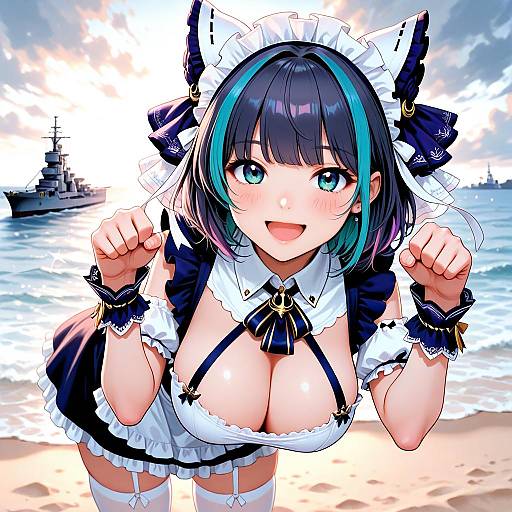 Anime-style digital drawing of a cute, busty maid with black and blue hair, frilled headwear, and revealing outfit, posing playfully on a