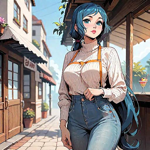 Anime Style Blue-Haired Girl in Denim and Sweater
