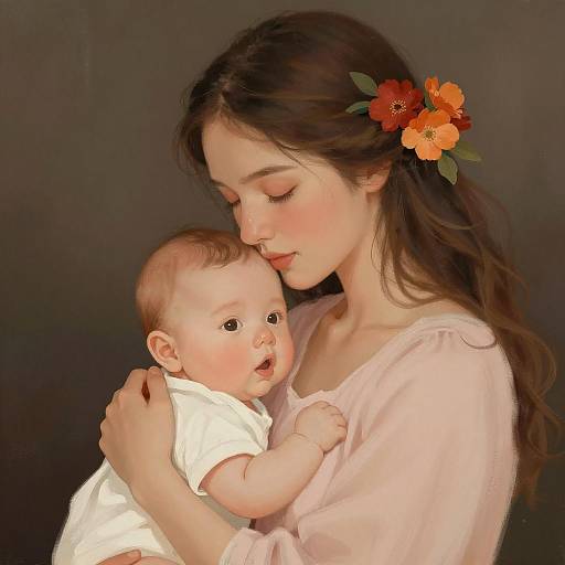 Mother Cradling Baby with Floral Hair Accessory