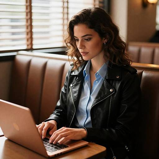 Woman in Leather Jacket Working in Café
