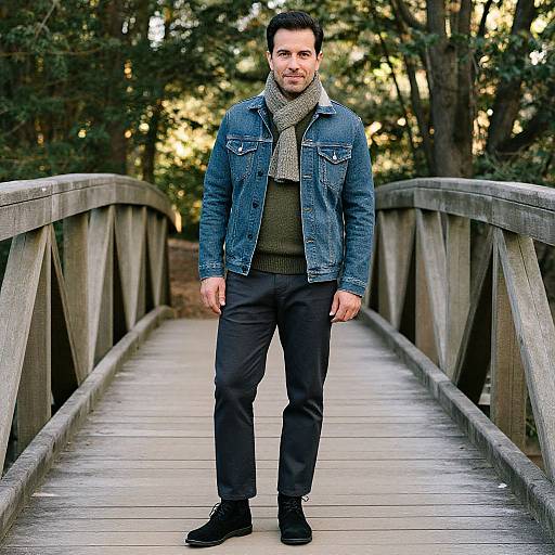 Photograph of a bearded man with short dark hair, wearing a denim jacket, green sweater, gray scarf, black pants, and black boots,