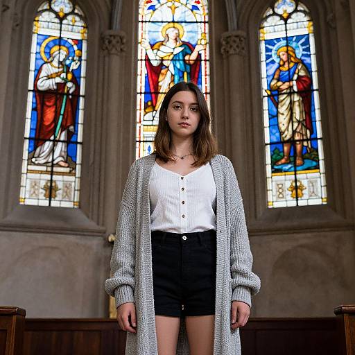 Young woman with medium brown hair, wearing white blouse, black shorts, and gray cardigan, stands in front of colorful stained glass windows in a church