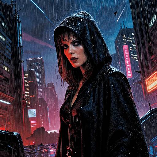 Cyberpunk cityscape at night, rain-soaked woman with dark hooded coat, glowing neon signs, wet hair, intense expression, digital art