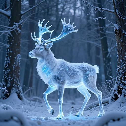 Glowing, ethereal white stag with large antlers walks through a snow-covered, dark blue forest, illuminated by a magical blue light. Digital