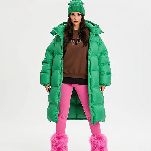 Photograph of a woman in a green puffy coat, green knit beanie, brown sweatshirt, pink pants, and pink fur boots, standing