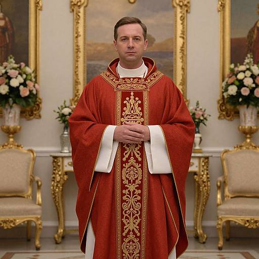 Photograph of a Caucasian male bishop in ornate red and gold liturgical vestments, standing in an elegant, gold-accented room with floral