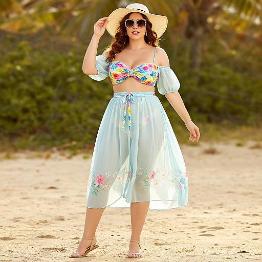 Photograph of a curvy woman with long brown hair, wearing a colorful floral bikini top, light blue floral wrap skirt, straw hat, sunglasses,