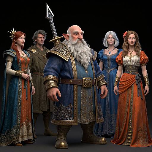 CGI fantasy scene of five characters: a bearded old man in blue armor, four women in ornate medieval dresses, dark background. The man