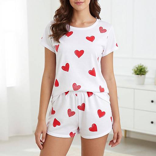 Photograph of a woman with long brown hair in white shorts and shirt adorned with red glittery hearts, standing in a bright, white room with a