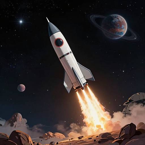 Digital illustration of a white rocket with red circle emblem, launching with bright flames, against a dark starry space background, featuring a colorful planet with rings