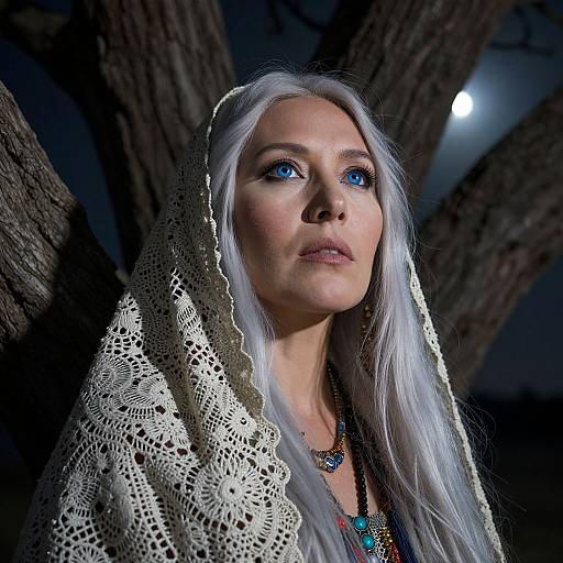 Photograph of a silver-haired woman with striking blue eyes, wearing a white lace hooded cloak, standing against a dark, moonlit tree background.