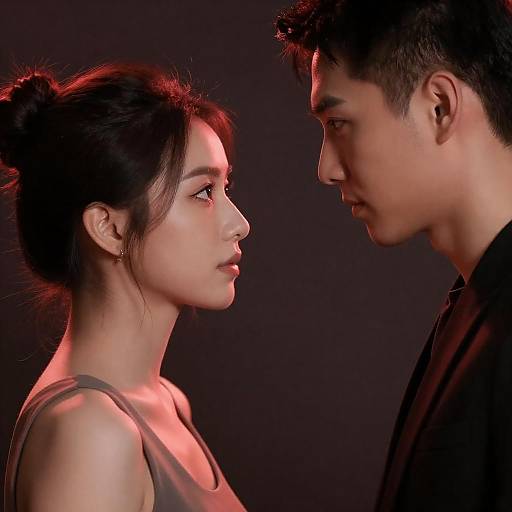 Intense Close-Up of Young Asian Couple Facing Each Other