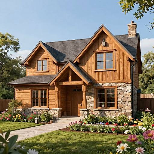 Photograph of a charming two-story wooden house with stone accents, black shingle roof, and vibrant flower garden, under a clear blue sky.