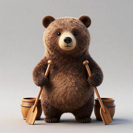 3D Rendered Cute Bear with Wooden Oars