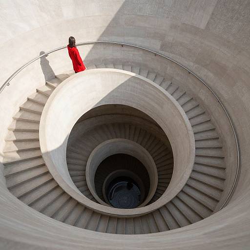 Photograph of a person in a bright red coat standing on a spiraling concrete staircase, viewed from above, casting a shadow.