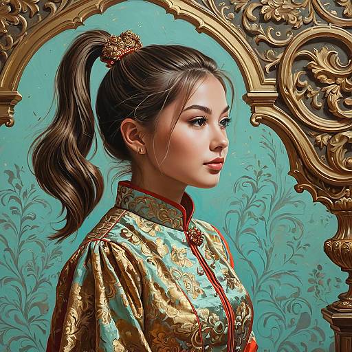 Young Girl in Gold Brocade Dress