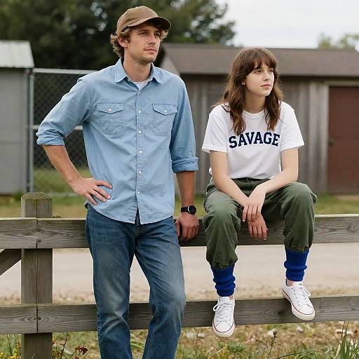 Casual Young Man and Woman by Wooden Fence