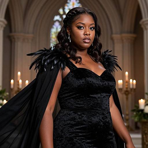 Photograph of a beautiful Black woman with dark skin and wavy hair, wearing a black velvet dress with feathered cape, standing in a gothic