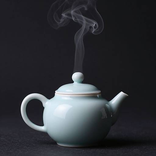Photograph of a light blue ceramic teapot with steam rising, set against a black background, highlighting its glossy texture and elegant design.