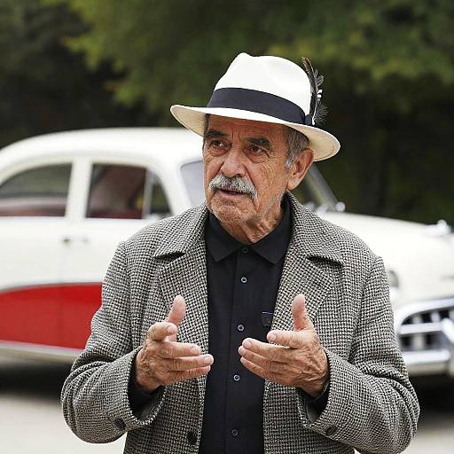 Older man in white hat gesturing outdoors