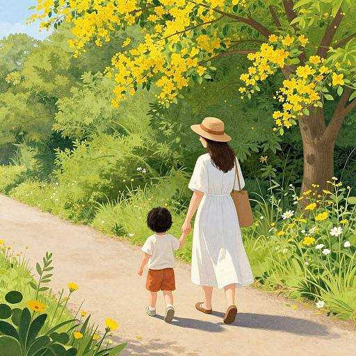 Digital painting of a woman in a white dress and straw hat, holding hands with a young boy, walking a sunlit path surrounded by vibrant yellow flowers