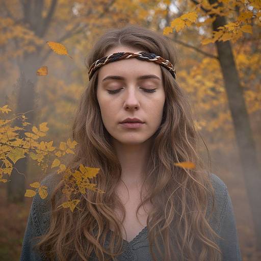 Photograph of a young woman with long, wavy brown hair, wearing a braided headband and gray sweater, standing in a foggy autumn
