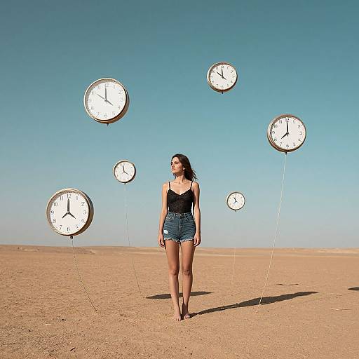 Photograph of a young woman in a black tank top and denim shorts standing in a desert, with six floating clocks above her under a clear blue sky