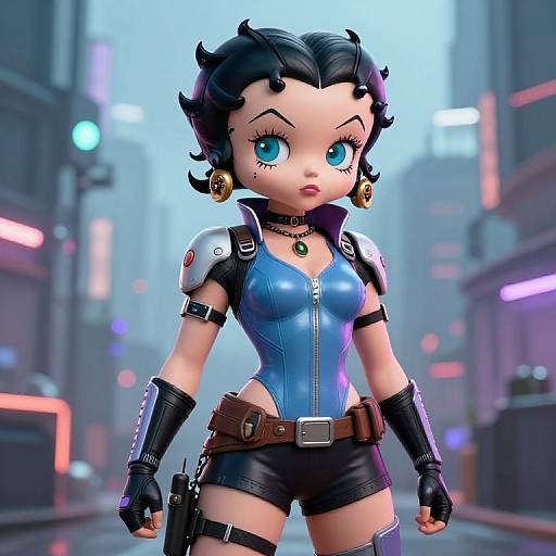 Digital artwork of a cute, anime-style woman with blue eyes, black hair, and a blue leather bodysuit, standing in a futuristic, neon