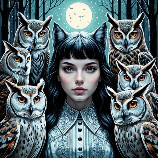 Surreal Night Girl with Owls and Lynxes