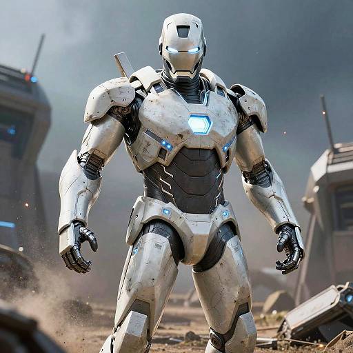 White Iron Man in Futuristic Battlefield