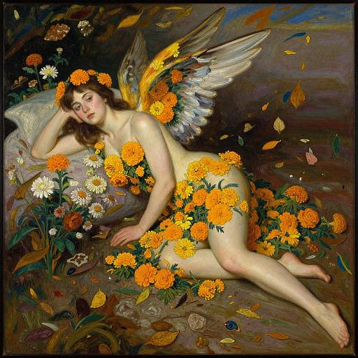 Photorealistic painting of a nude, fair-skinned, winged woman with orange and white marigolds covering her body, lying amidst flowers and