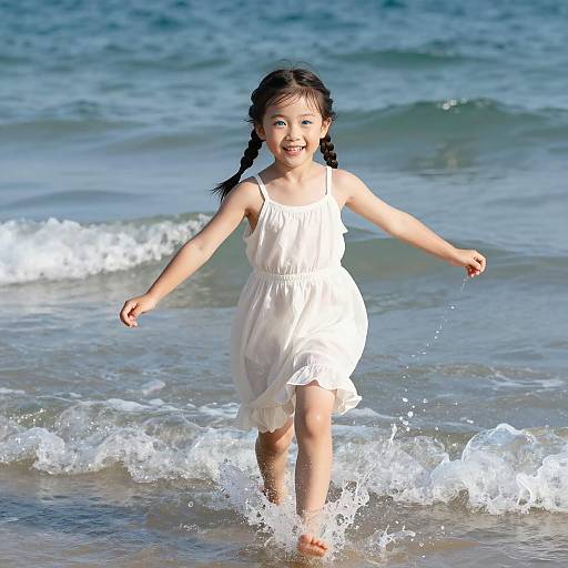 Joyful Girl Running Through Ocean Waves