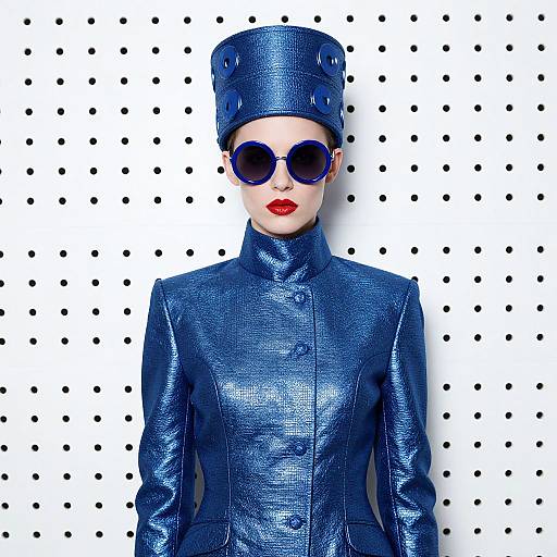 Photograph of a stylish woman in a metallic blue leather coat and hat, black round sunglasses, red lipstick, against a white polka dot background.