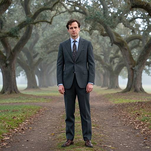 Photograph of a serious man in a dark blue suit, white shirt, and patterned tie standing on a leafy forest path.