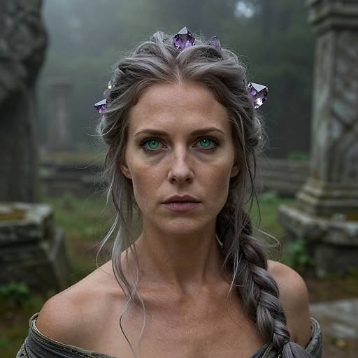Photorealistic CGI of a serious, green-eyed woman with gray braided hair, adorned with purple butterfly hairpins, in a misty, ancient
