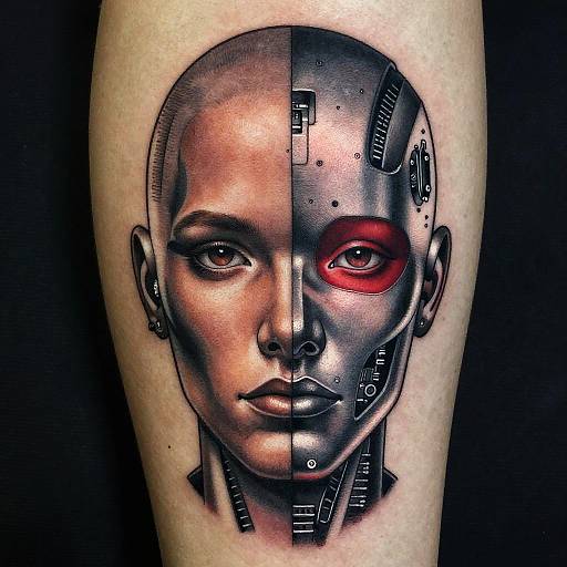 Photorealistic tattoo of a female face split down the middle, with one side in grayscale and the other in vivid red, featuring cybernetic elements