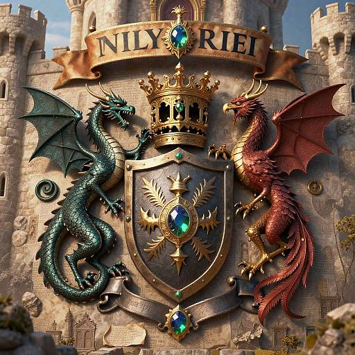 Digital art of a castle with a golden banner reading 