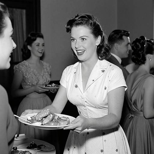 Black-and-white photograph of a 1950s-style woman with curly hair, wearing a floral dress, smiling while serving food at a party. Other