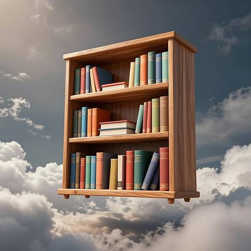 Photograph of a wooden floating bookshelf with colorful books against a bright, cloudy sky background, giving a surreal floating effect.