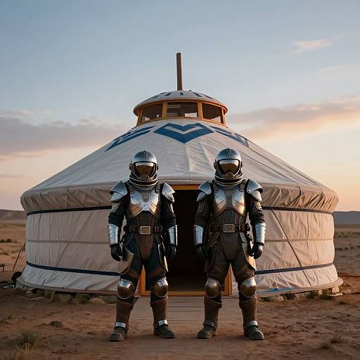 Photograph of two armored astronauts standing in front of a white yurt with blue trim in a desert at sunset.