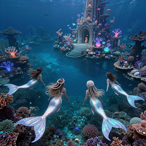 Photograph of three glowing mermaids with iridescent tails swimming around an underwater, luminescent castle surrounded by colorful coral and bioluminescent