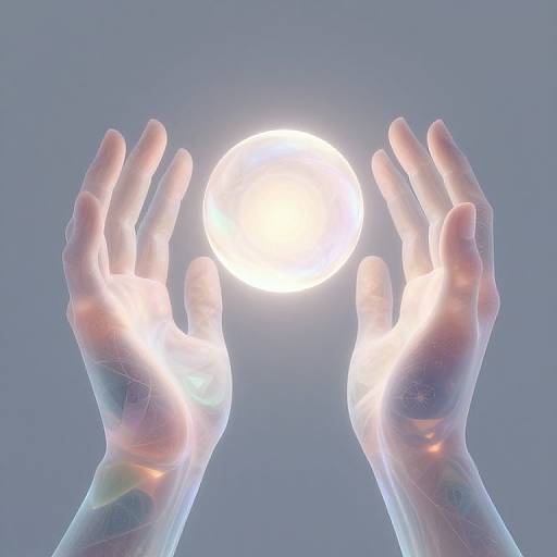 Photograph of two translucent, ethereal hands with glowing edges, cupped around a bright, white sun against a clear blue sky.