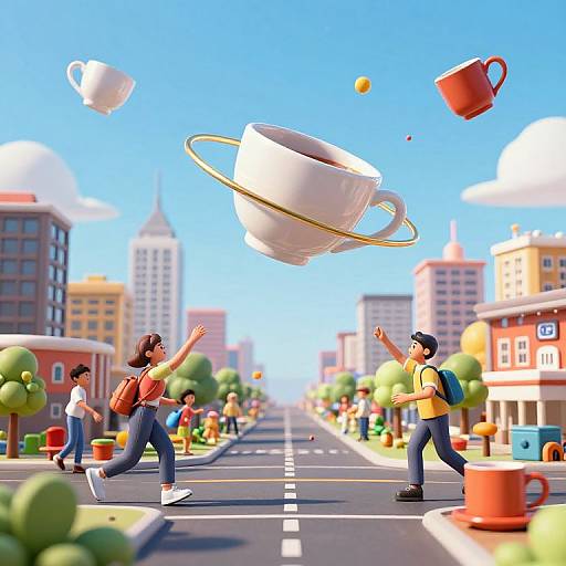 Whimsical 3D CGI scene: Two children juggling oversized, floating teacups in a colorful, sunny city street with buildings and trees