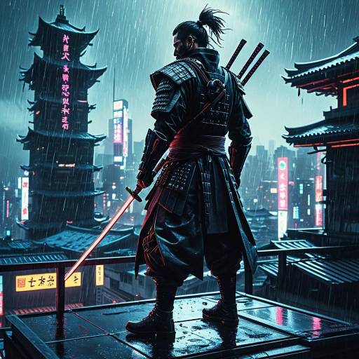 Cyberpunk Samurai on Neon-lit Rooftop