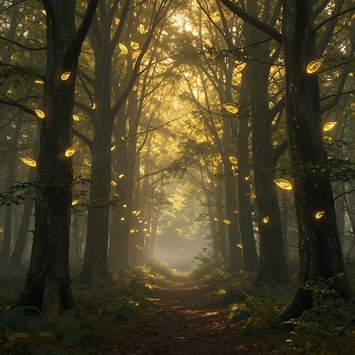 Photograph of a mystical forest at dawn, with sunlight filtering through tall trees, casting a golden glow on glowing yellow leaves floating in the air.